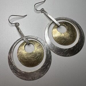 Vtg Handmade Western Moroccan Style Silver & Goldfield Textured Dangle  Earrings